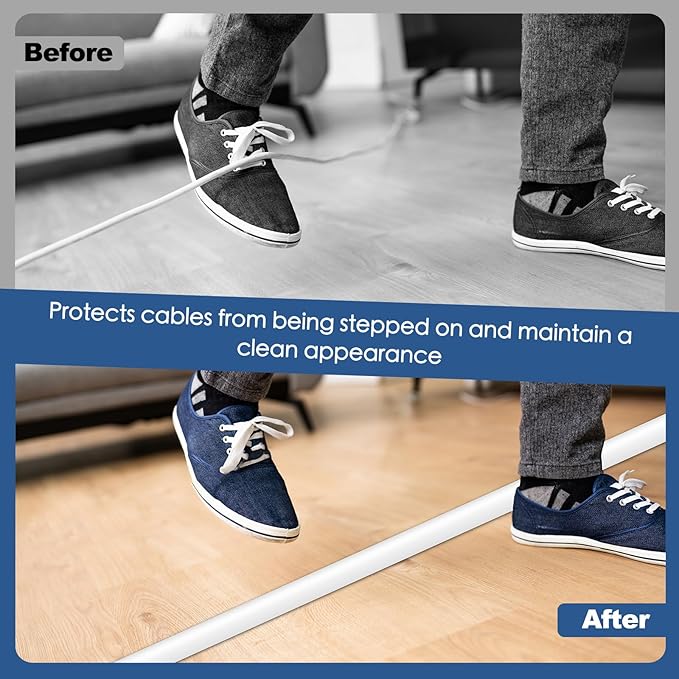 Floor Cord Cover for Wires on Floor Self Adhesive Cord Hider Floor Cable Management Wire Covers for Cords Protector Prevent Cable Trips Cord Cavity W 0.32" x H 0.32", White, 10Ft