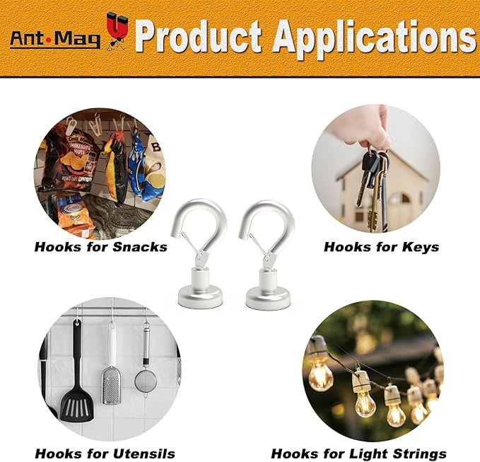 Ant Mag Magnetic Hooks Heavy Duty with Snap 22lbs Strong Magnet Hooks Great Hanging for Refrigerator, Cruise Cabin, Grill, Wreath,Kitchen,Office 10 Pack