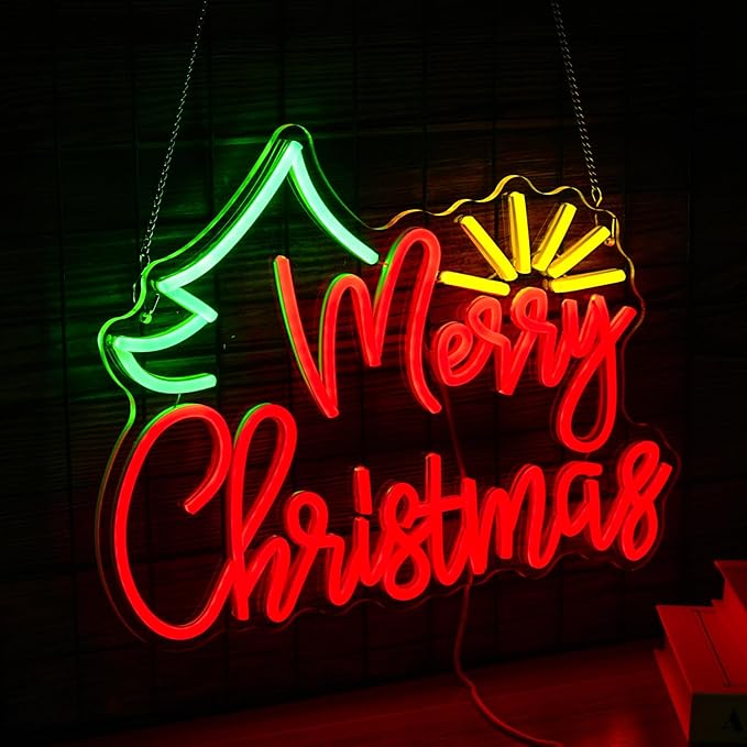 Merry Christmas Neon Sign USB Power Sunshine Light Up Sign Dimmable Christmas Tree Led Neon Light for Christmas Party New Year Home Wall Decor (Dimmable USB)
