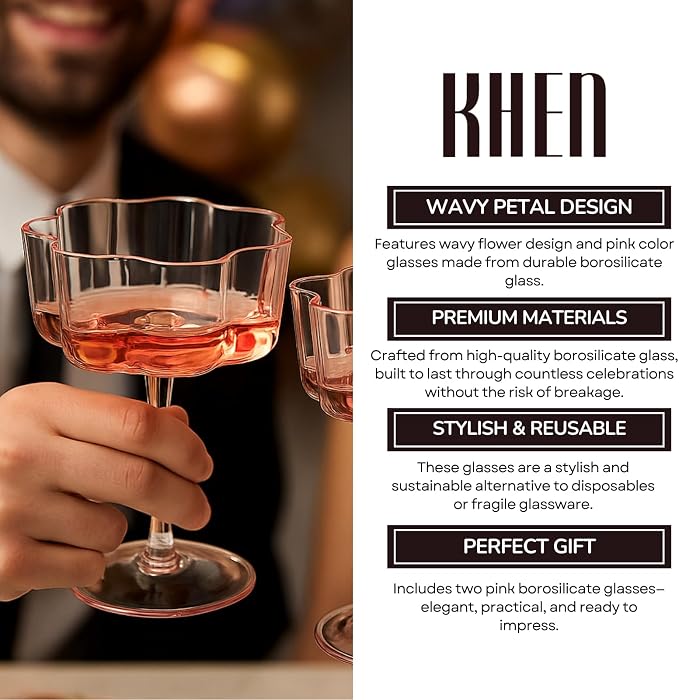 Khen Flower Vintage Wavy Petals Wave Glass Coupes 7oz Colorful Martini, Champagne & Cocktails - 2 Set - Rippled & Champagne Glasses, Bar Glassware Copyright Design (Pink)