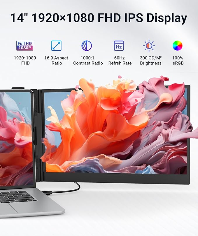 Laptop Screen Extender, Ultra Thin 14" 1080P FHD Triple Portable Monitor for Laptops 13-17.3", 2.2lbs Lightweight Travel Dual Monitor Extender, Plug-Play Aluminum Extended for Mac/Windows/PS5/Chrome