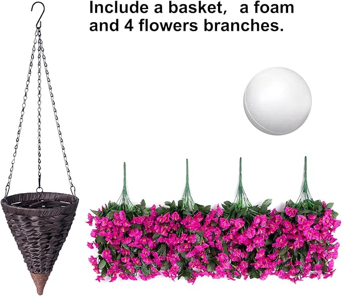 HyeFlora Artificial Fake Hanging Flowers Plants Baskets for Outdoor Outside Decoration, Faux Silk UV Resistant Realistic Fuchsia Morning Glory Planter for Home Porch Patio Balcony Garden Yard