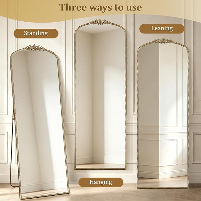 WallBeyond Gold Vintage Full Length Mirror with Stand for Vanity 24x70 Inch, Gold Antique Mirror with Ornate Frame, Arched Vintage for Bathroom, Living Room, Bedroom, Entryway