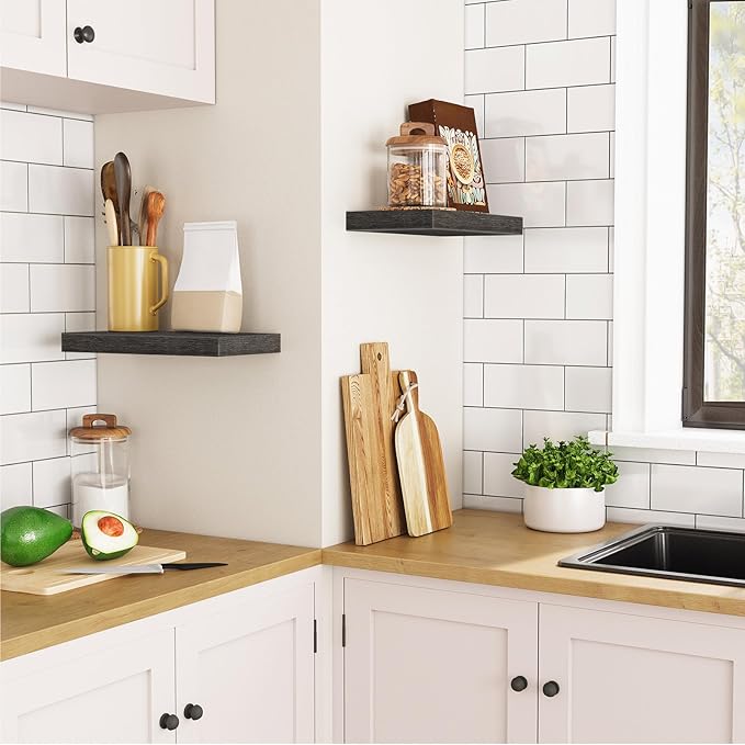 HOOBRO Floating Shelves for Wall, Wall Mounted Shelf Set of 2, 15.7" Hanging Shelf with Invisible Brackets, for Wall Decor Storage in Bathroom Bedroom Kitchen Livingroom Office, Charcoal Gray BC40BJ01