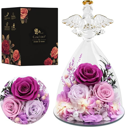 Christmas Rose Gifts for Women, 7" Purple Preserved Roses Flowers in Glass Angel Figurine, Birthday Gift for Mom Wife Grandma, Eternal Rose for Mothers Day Valentines Anniversary
