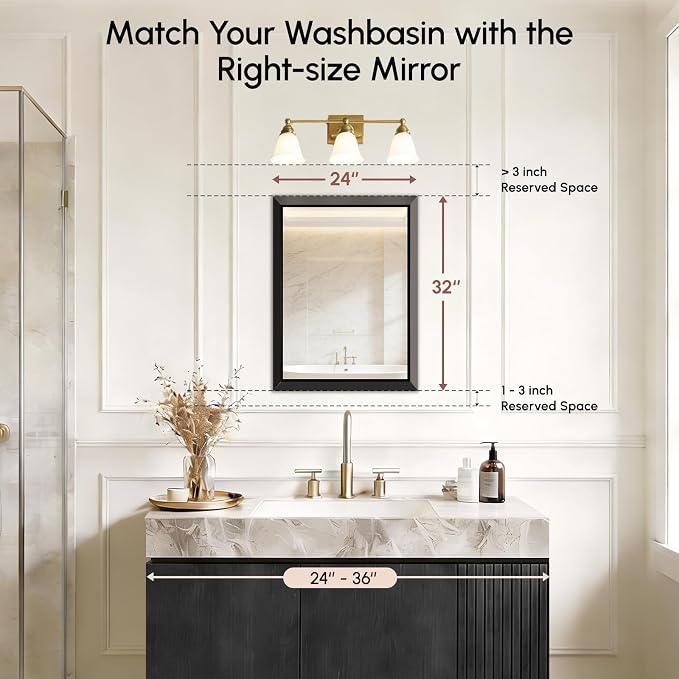 USHOWER 24x32 Inch Floating Bathroom Mirror - Brushed Black Wall Mirror for Over Sink, Beveled Aluminum Frame, Anti-Rust, Rectangular HD Reflection Small Vanity Mirror(Copper-Free Silver Coating)