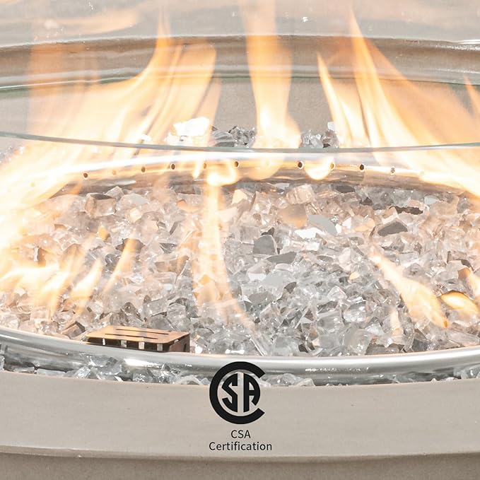 COSIEST Outdoor Propane Fire Pit Coffee Table w Gray 42 inch Round Base Patio Heater, Certified, 50,000 BTU Stainless Steel Burner, Wind Guard, Transparent Gray Fire Glass, Rain Cover