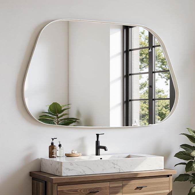 Irregular Wall Mirror 26"x40" Bathroom Mirrors Asymmetrical Artistic Decorative for Living Room Bedroom Bathroom Hallway Entryway,Trapezoid,White