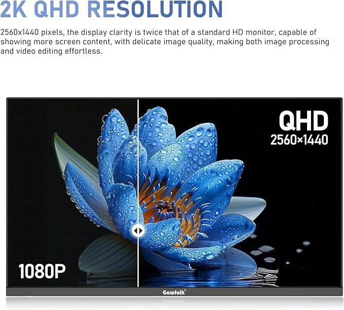 Gawfolk 27 inch IPS 2K QHD (2560×1440) Computer Monitor 75Hz Gaming PC Screen, 1ms，Adaptive Sync,100% sRGB, 1.07 Billion Colours,Built-in Speaker，Display 1.4、Port HDMI2.0, Black