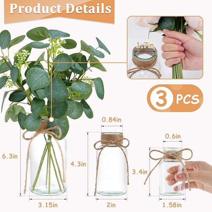 Vintage Glass Vases for Flowers, Set of 3 Clear Vases for Farmhouse Wedding Centerpiece Cylinder Bottle for Reception Table Decor Housewarming Birthday Floral Arrangements (S+M+L)