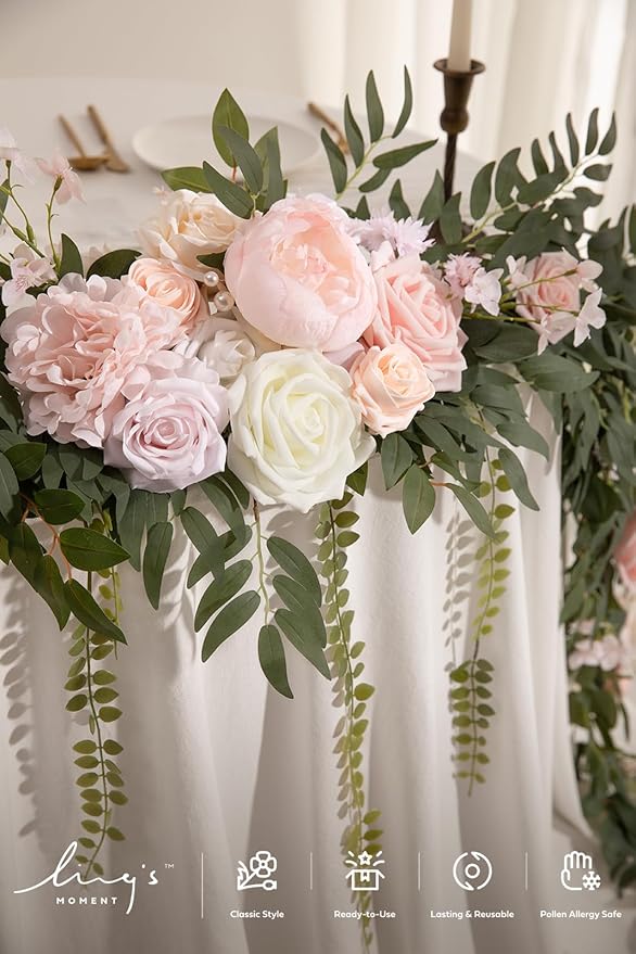 Ling's moment 9FT Flower Garland for Backdrop Decorations - Wedding Arch Flowers, Eucalyptus & Rose, Artificial Floral Garland for Mantle - Sweetheart Table Decor for Ceremony Reception, French Pink