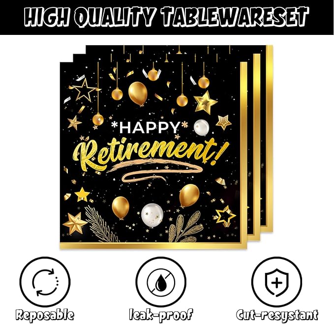 48Pcs Happy Retirement Party Decorations Include Plates Napkins Forks Black and Gold Party Decorations Serve 16 Guests