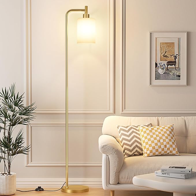 Ziisee Floor Lamps for Living Room - Industrial Standing Lamp with Frosted White Glass Shade, Modern Gold Floor Lamp with LED Bulbs, Farmhouse Floor Lamp for Bedroom, Tall Lamp for Office - Gold