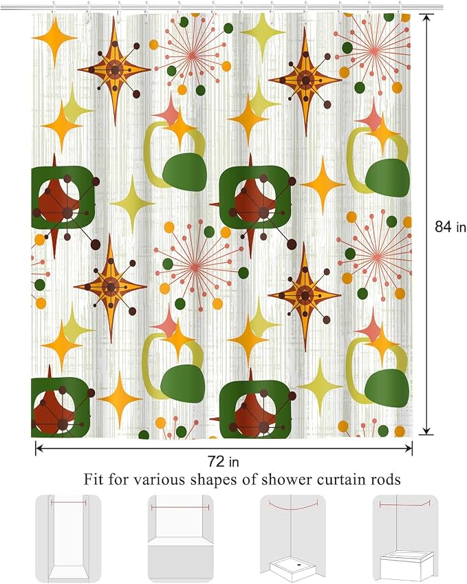 Mid Century Shower Curtain, 72x84inch, Modern Abstract Retro Green Striped Geometric Shower Curtain Sets 1950s Boho Bathroom Shower Curtain with 12 Hooks