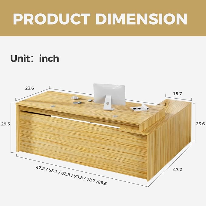 Modern L-Shaped Executive Desk，Office Desk with Spacious Desktop,Large Storage, Wood Construction,Cable Management for Home and Office (Light Walnut/Left Cabinet, 78.7" L*31.5" W*29.5" H)