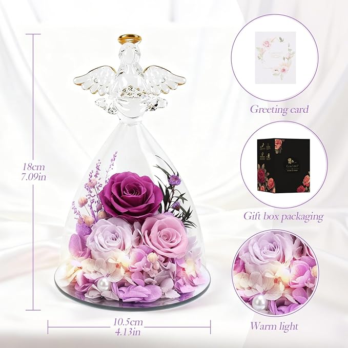 Christmas Rose Gifts for Women, 7" Purple Preserved Roses Flowers in Glass Angel Figurine, Birthday Gift for Mom Wife Grandma, Eternal Rose for Mothers Day Valentines Anniversary