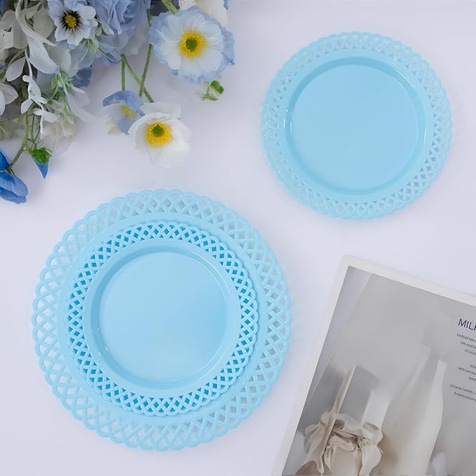 COLOSUS 60Pcs Blue Plastic Plates, Fancy Blue Hanukkah Plates, Nice Scallop plates,Heavy Duty Lace Hollowed Out Plate Set include 30 Dinner Plate 10” and 30 Salad/Dessert Plate 7.5”for Hanukkah