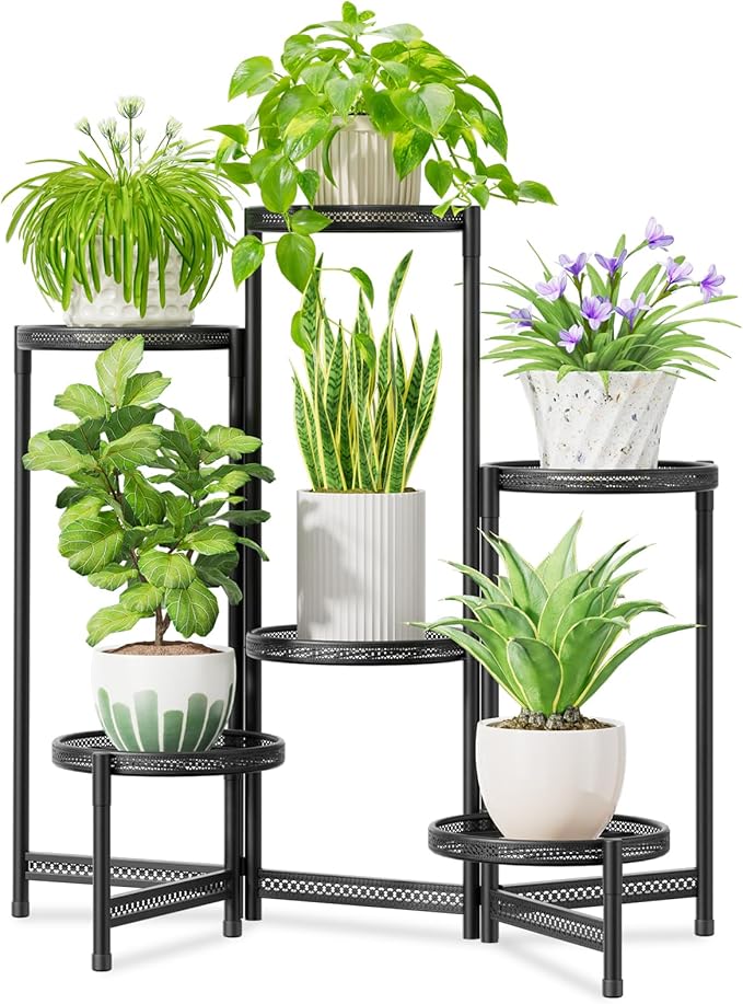 iDavosic.ly 6 Tier Large Plant Stand Indoor with 10-Inch Wide Drainage Tray, Tiered Corner Metal Outdoor Flower Display Holder Shelf, Folding Tall Rack for Patio Porch Balcony, Black Iron Carving