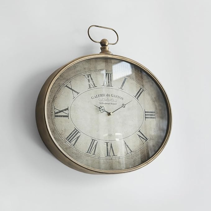 Vintage Decorative Wall Clock - 16 inch, Distressed Gold, Oval Pocket Watch Design, Roman Numerals, Battery Operated, Large Antique Style for Living Room, Kitchen, Bedroom Decor