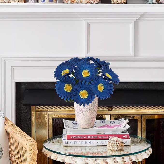 Royal Blue Gerbera Daisy Artificial Flowers 8 Pcs PU Realistic Fake Wildflowers for Vase Home Living Room Bathroom Kitchen Decor