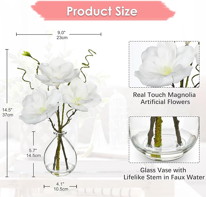 DILATATA Faux Flowers in Vase 14.5" Magnolias Flowers Arrangement with Faux Water Real Touch Flowers for Wedding Table Centerpiece Home Decor, White