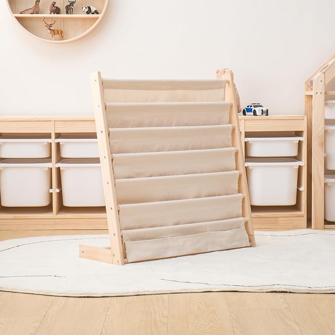 Wooden Bookshelf for Kids Wood Bookrack Canvas Book Storage Shelf Display Bookshelf 6 Tier Kids Book Rack for Bedroom Living Room Playroom Storage Organizer Natural (24.6" L x 11.81" W x 31.10" H)