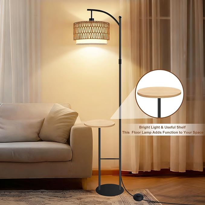 Arc Floor Lamp with Table and Shelves Dimmable Standing Lamp with Rattan and Fabric Shade, Boho Farmhouse Floor Lamp for Living Room with Remote, Wicker Tall Lamp with 3 Color Temperatures