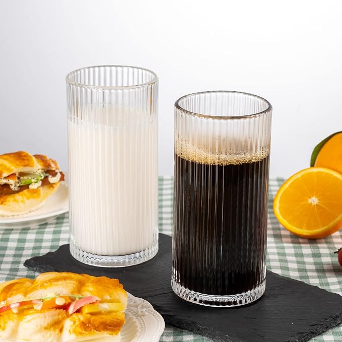 Ribbed Glassware Vintage Drinking Glasses 6Pcs -13OZ Clear Ribbed Drinking Glasses For Coffee, Cocktails, Smoothies, Juice, Beer, Water - Dishwasher Safe Lead-Free - Christmas Thanksgiving Gifts