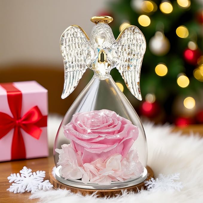 Yamonic Mom Birthday Gifts for Mom, Glass Angel Figurines with Real Rose Gifts for Moms Grandma, Preserved Flowers Real Rose Mothers Day Birthday Valentine’s Day Angel Gifts for Women Her(Pearl Pink)