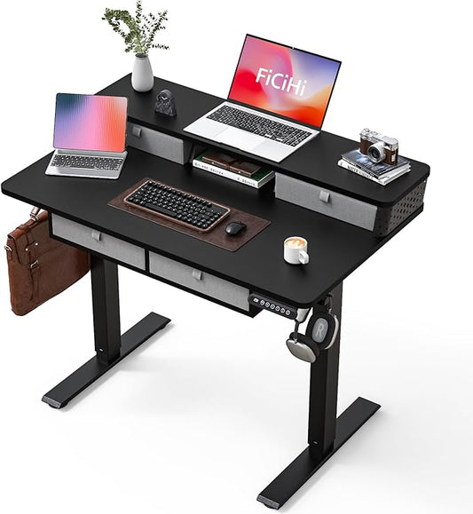 FiCiHi Adjustable Height Standing Desk with 4 Drawers,40 x 24 inches Electric Sit Stand Home Office Desk with Two Tiers, 3 Memory Presets, Monitor Stand Riser, C-Clamp Mount Compatible