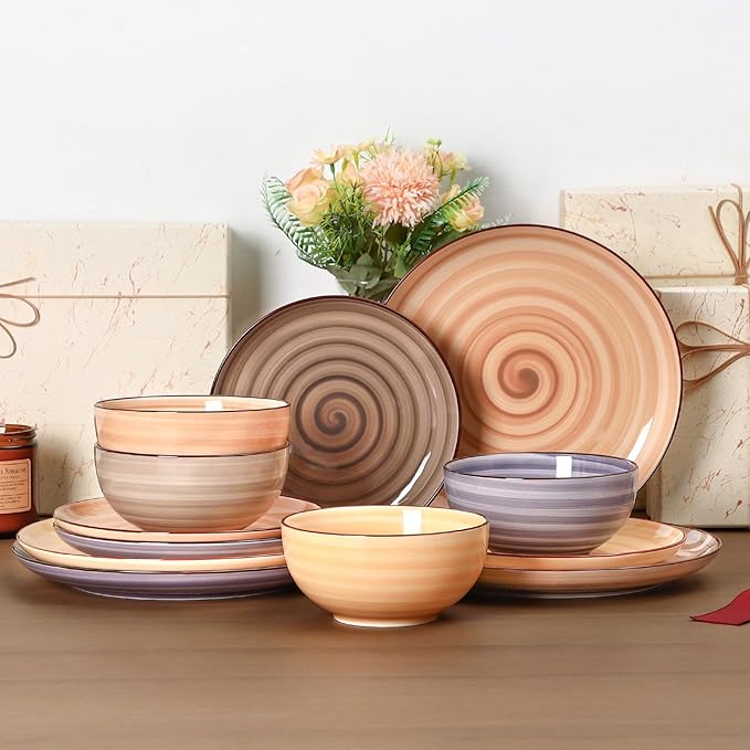 Selamica Ceramic Plates and Bowls Sets,12 Pieces Dinnerware Sets for 4,Scratch Resistant Dish Set,Dishwasher & Microwave Safe, Maillard
