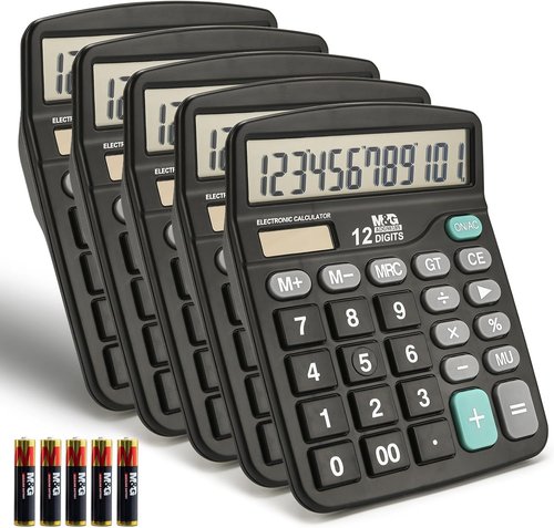 M&G Desk Calculator - 12 Digit Office Calculator with Large LCD Display & Dual Power | Black, Pack of 5