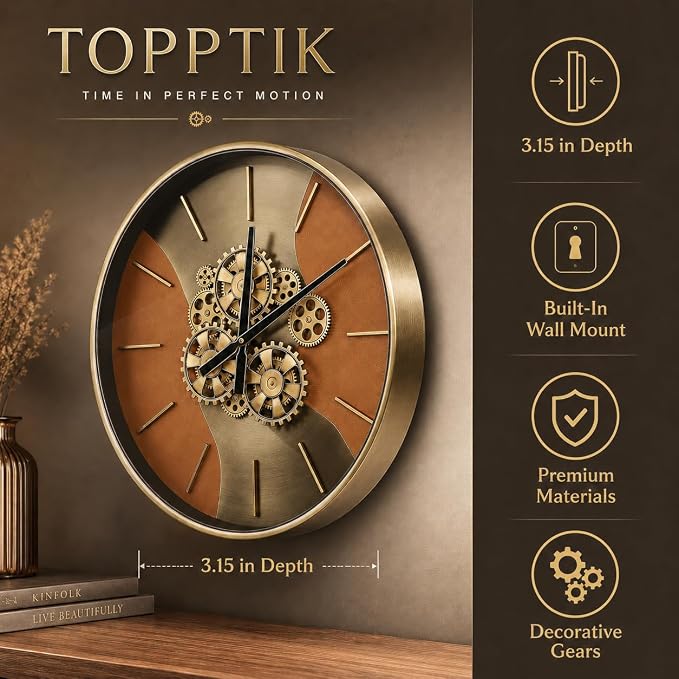 21.65 Inch Moving Gear Wall Clock, Battery Operated Steampunk Industrial Large Clock, Antique Bronze Metal Frame with 3D Scales, Unique Decorative Wall Clock for Living Room Farmhouse Office Decor