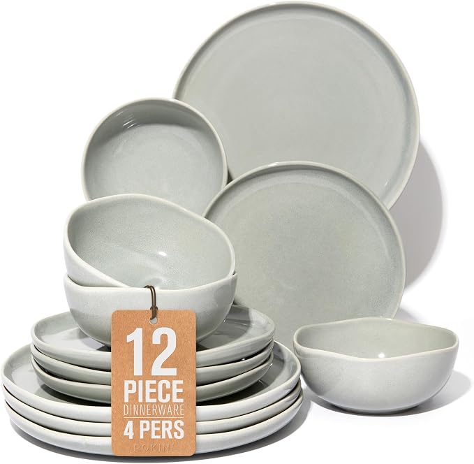Pokini Ceramic Plates and Bowls Set, Everyday Dinnerware Set for 4, Wavy Rim Kitchen Dish Set, Chip Resistant Dishware Sets, Dishwasher Safe Dinner Set, Designed for Simple Meals, Gray Green