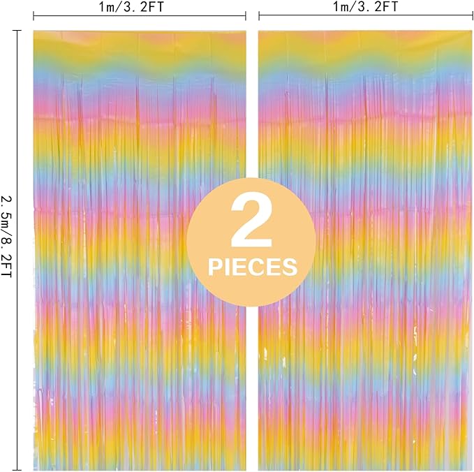 Pastel Rainbow Foil Fringe Curtains, 2Pcs 3.2x8.2ft Metallic Tinsel Foil Streamers Colourful Photo Booths Props Backdrop for Easter Princess Birthday Wedding Engagement Party Decorations