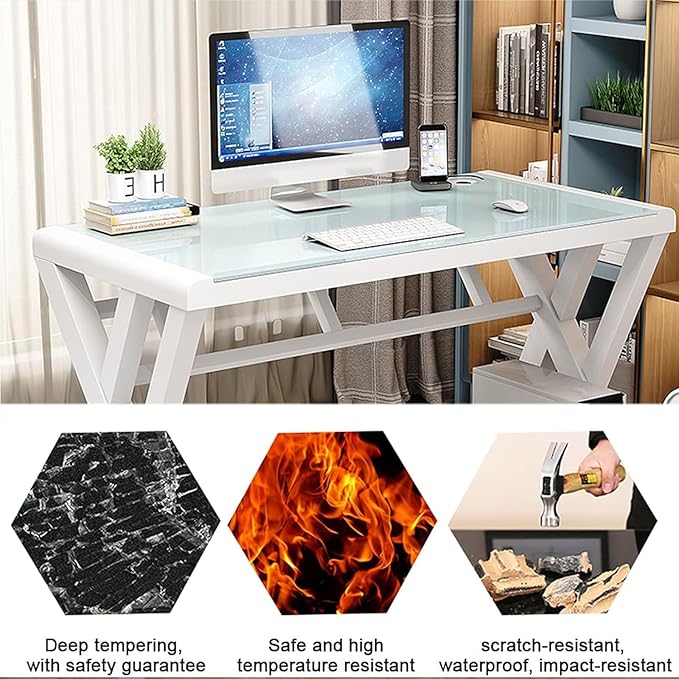 SAMERY Computer Desk & Gaming Desk, Home Office Desks 55.1 Inch- Modern Simple Writing Study White Glass Computer Desk Space-Saving Multipurpose Workstation with Metal Frame…