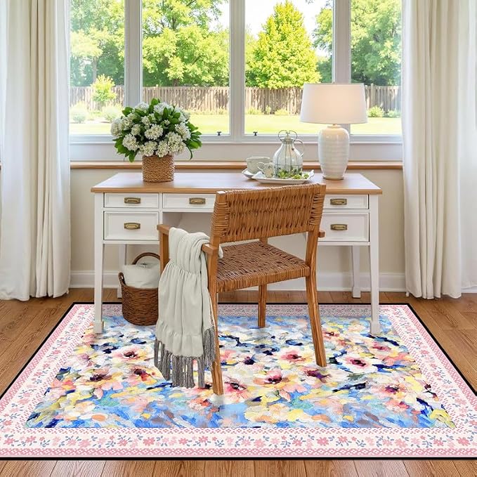 Floral Oil Painting Area Rug Watercolor Flower Print Rugs for Entryway Bedroom Living Room Nursery Kitchen Playroom Home Decor Washable Low Pile Floor Mat Carpet,4'x6'