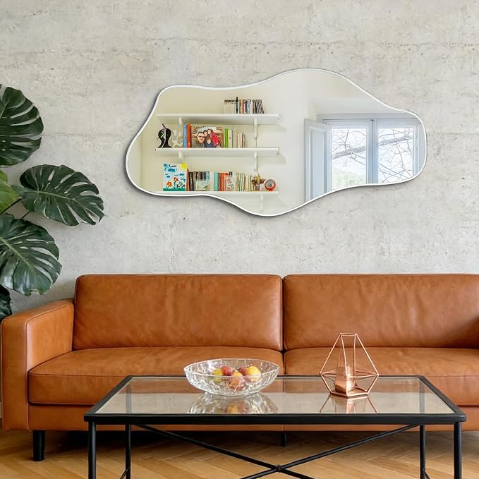 Irregular Frameless Mirror, 35.8"x17.7" Silver Asymmetrical Tempered Glass Mirror, Organic Shaped Wall Mirrors for Entryway Bedroom Living Room Bathroom, Horizontal or Vertical Hanging