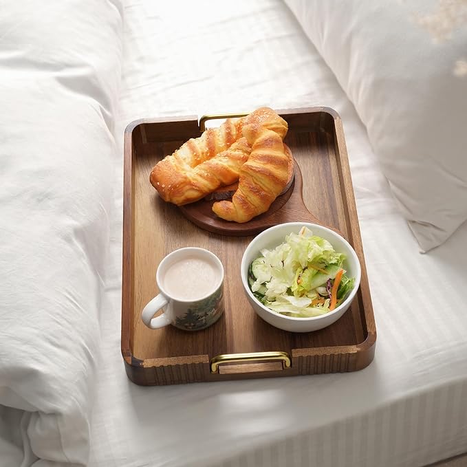 Acacia Wood Serving Tray with Metal Handles, 17x13in, Decorative Coffee Table Tray & Ottoman Tray, Anti-Slip Pads, Dark Wood Tray for Breakfast in Bed, Bar Tray, Gift Box