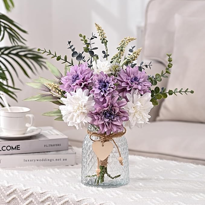 MARTINE MALL Fake Flowers in Vase, Faux Flowers in Vase, Dahlia Artificial Flowers in Vase Centerpiece Table Decorations Artificial Flower Arrangement for Home Dining Room Office Farmhouse