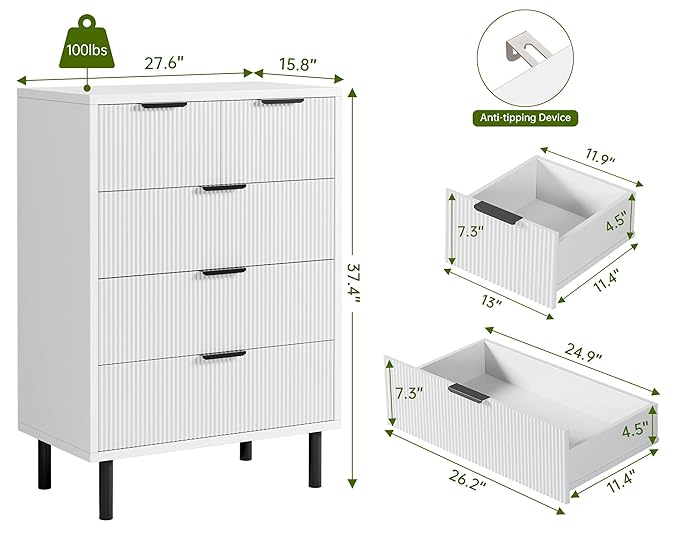 GarveeHome White Wave Fluted 5 Drawer Dresser for Bedroom, Modern Wood Chest of Drawers with Wide Drawers, Closet Dresser Organizer with Anti-Tipping Device and Metal Legs for Hallway Entryway