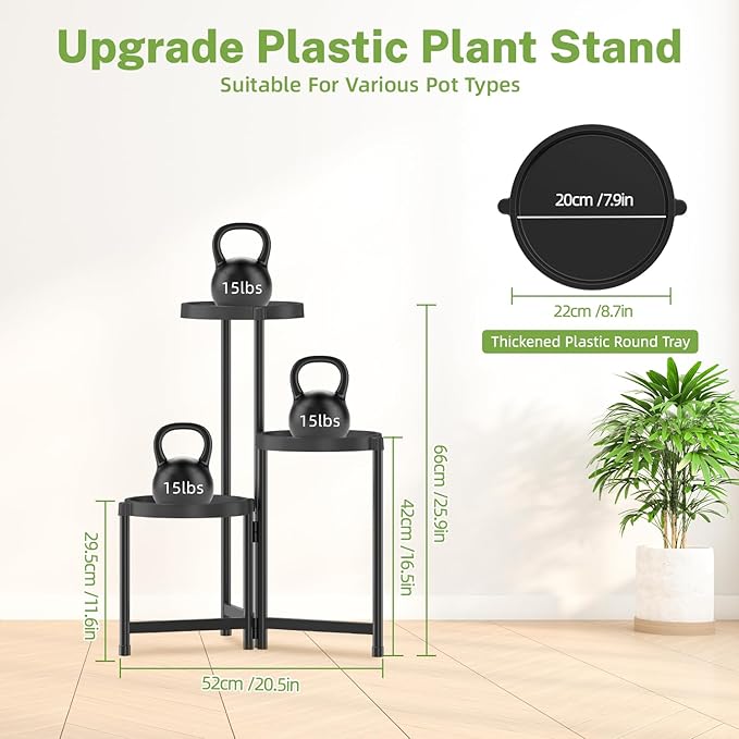iDavosic.ly 3 Tier Folding Plant Stand Indoor Outdoor with Plastic Tray, Tiered Corner Flower Holder Shelf, Metal Orchid Display Rack for Patio Porch Living Room Garden Balcony, Modern Black