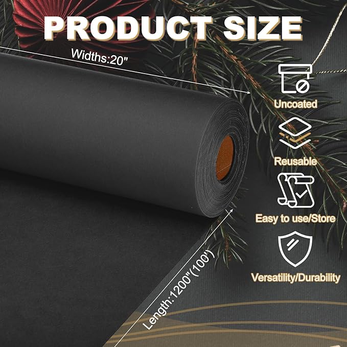 PATIKIL Wrapping Paper, 20"x1200"(100') Bulletin Board Paper Roll Kraft Paper Roll Construction 80GSM for Shipping Packing Gift Wrapping Craft Flower Bouquet Christmas, Black