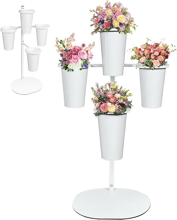 PROLEE Flower Display Stand with 4 Buckets, Flower Pot Stand, Flower Stand Metal, Florist Bouquet Shelf for Wedding, Party, Events, Oval Base, White