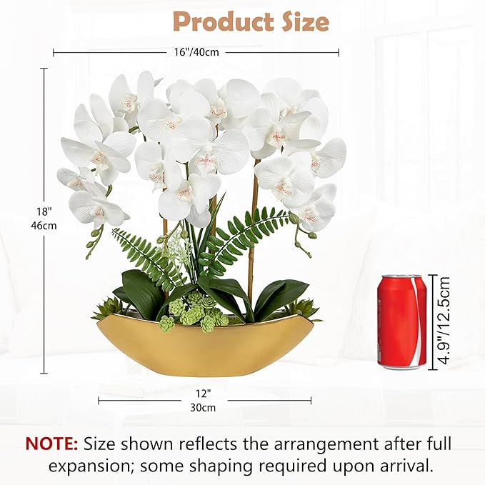 Briful Orchid Fake Flowers 18in White Artificial Orchid Silk Flowers in Gold Pot Faux Orchid Arrangement for Home Office Bathroom Dining Table Modern Decoration