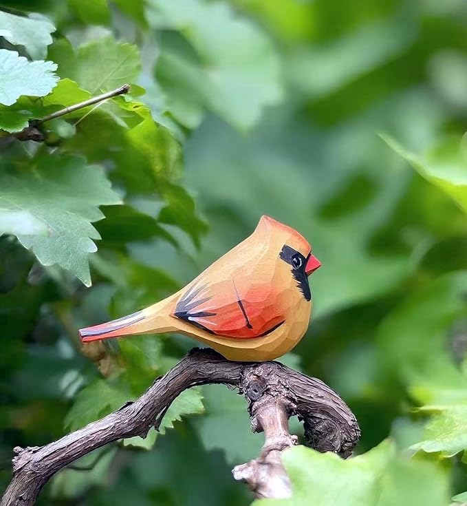 Handmade Wooden Northern Cardinal Figurine - 3.7" Hand-Carved Female Bird Statue - Solid Basswood Bird Sculpture for Home Decor, Christmas Ornament, Memorial & Bird Lover Gift