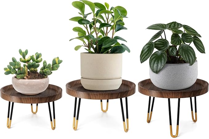 OBTAIN Plant Stand Indoor Outdoor,3 Set Mid Century Style Walnut Wood Color Plant Stand,Waterproof Design Modern Plant Table,Easily Assemble Come With Tools,Nice For Room Decor (S,M,L)