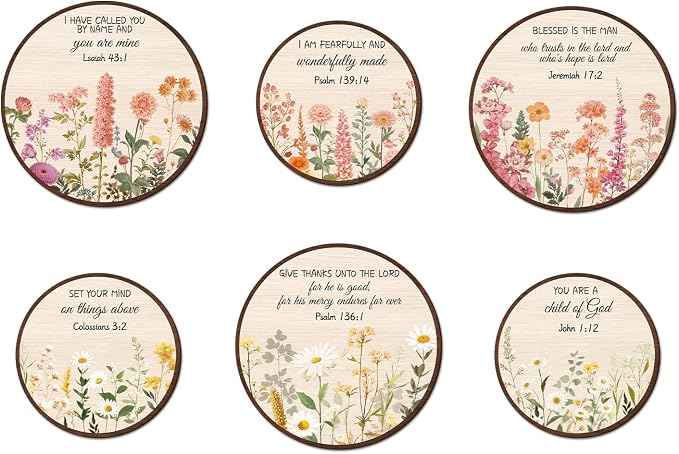 TOARTi 6pcs Christian Floral Round Wall Art Set(9.9”x3/7.9”x3),Vintage Wildflower Bible Verse Hanging Sign Flowers Wooden Wall Art Scripture Botanical Religious Wall Decor for Church Living Room