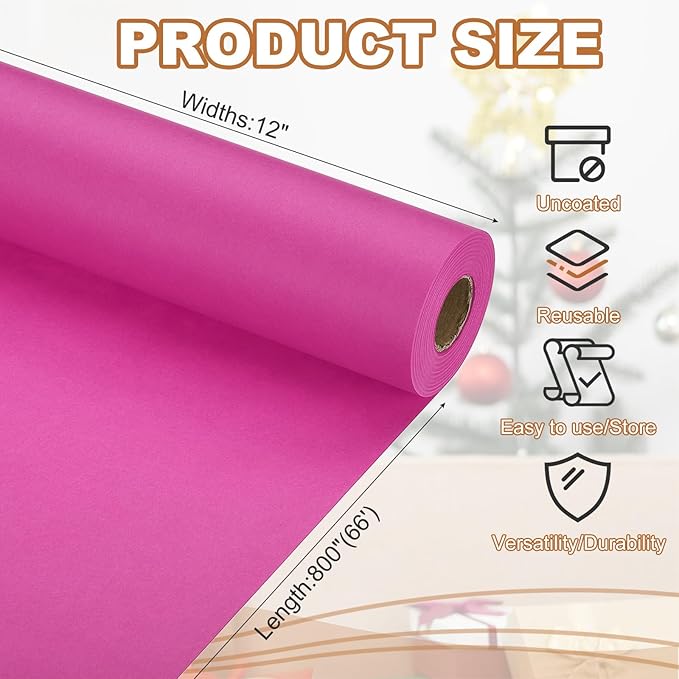 PATIKIL Wrapping Paper, 12" x 800"(66') 70 GSM Craft Paper Roll Kraft Packing Paper for Poster Bulletin Board, Gift Wrapping, Rose Pink