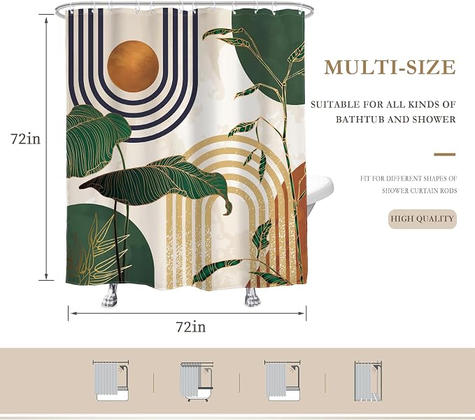 Glawry Abstract Mid Century Shower Curtain Green Retro Boho Tropical Palm Tree Sun Arch Bathroom Modern Minimalist Aesthetic 72Wx72L Inches Bath Accessories Art Home Decor Fabric 12 Pack Hooks